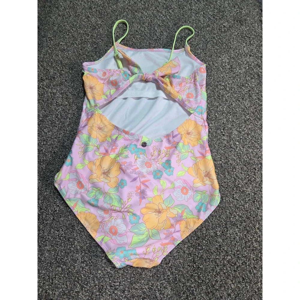 Justice One Piece Swimsuit Kids Size XL 16/18‎ Pink Floral Cutout Back 766309